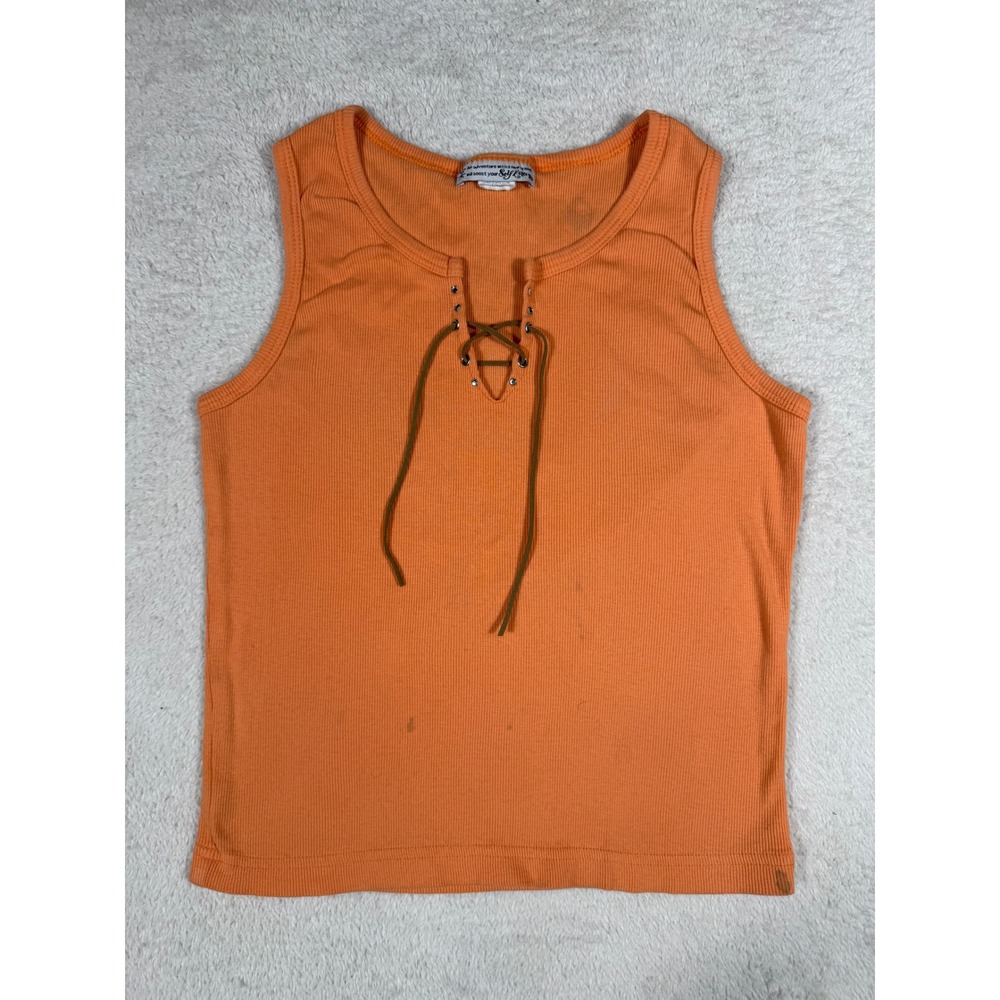 Self Esteem Tank Top Womens Large Orange Good Lace Up Ribbed Y2K Rhinestone Knit